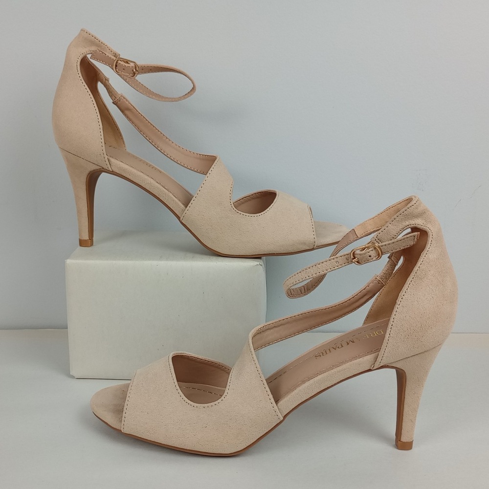 NIB Dream Pairs Womens 9 Nude Suede Ankle Strap Open Toe Stiletto Nile Heels